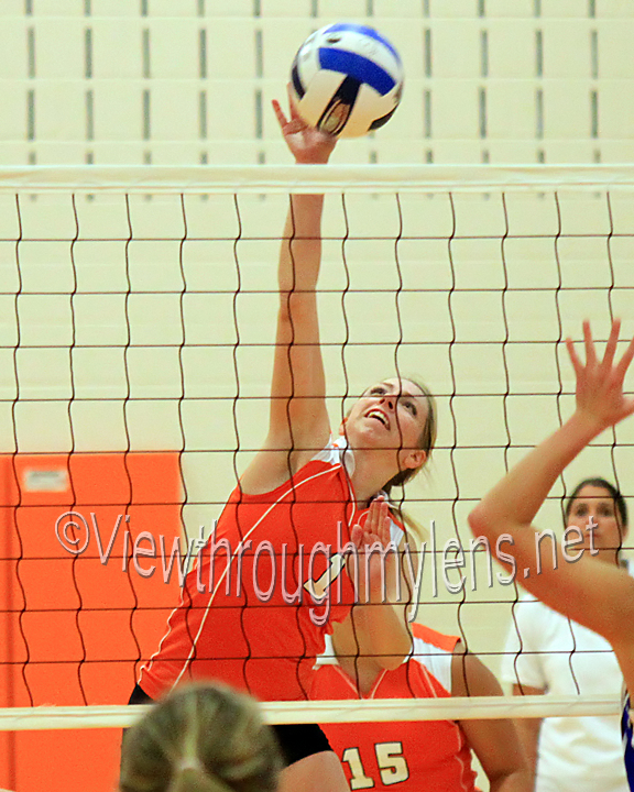 Thunder volleyball hitter Amber Griffith hits during a 3 games to 1 loss to Vermillion CC